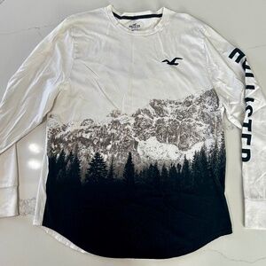 Hollister Men’s XL White Long Sleeve Shirt Mountain Graphic Logo Sleeve Hemmed T